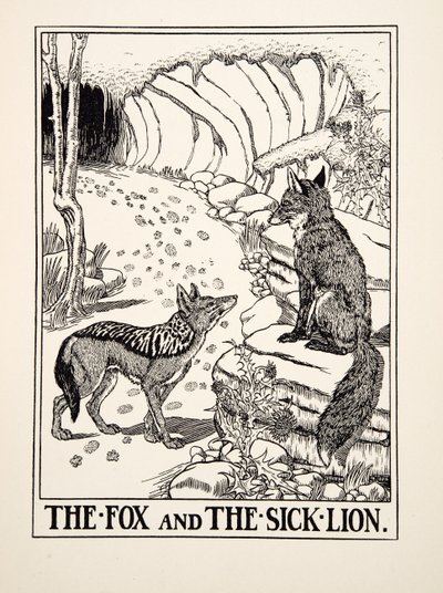 Kettu ja sairas leijona, julkaisusta A Hundred Fables of Aesop, pub.1903 (kaiverrus) tekijältä Percy J. Billingshurst