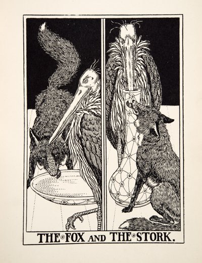 Kettu ja haikara, julkaisusta A Hundred Fables of Aesop, pub.1903 tekijältä Percy J. Billingshurst