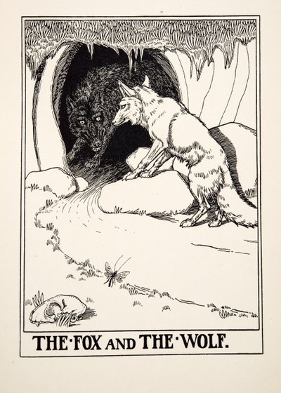 Kettu ja susi, julkaisusta A Hundred Fables of Aesop, pub.1903 (kaiverrus) tekijältä Percy J. Billingshurst