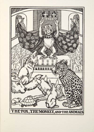 Kettu, apina ja eläimet, teoksesta Fontaine Fables, pub. 1905 tekijältä Percy J. Billingshurst