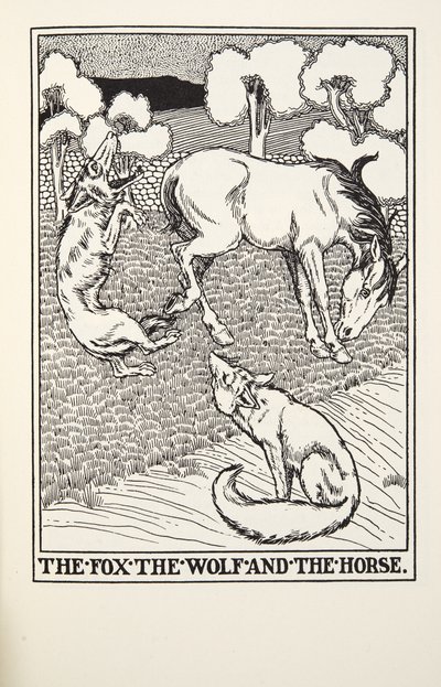 Kettu, susi ja hevonen, teoksesta Fontainen taruja, pub. 1905 tekijältä Percy J. Billingshurst