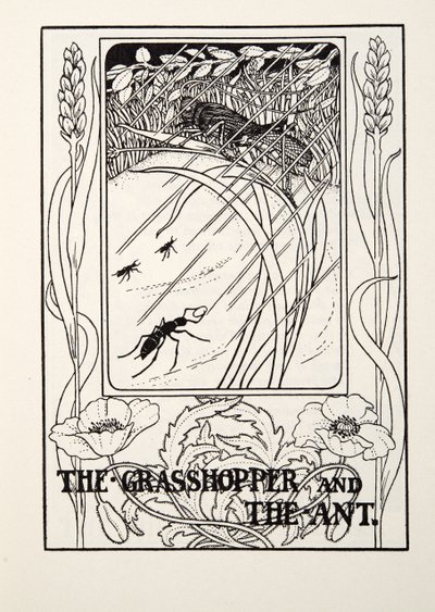 Heinäsirkka ja muurahainen, teoksesta Fontainen taruja, pub. 1905 tekijältä Percy J. Billingshurst