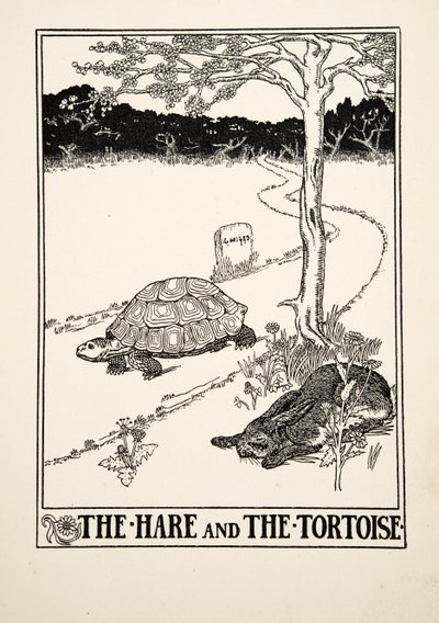 Jänis ja kilpikonna, sarjasta A Hundred Fables of Aesop, pub.1903 tekijältä Percy J. Billingshurst