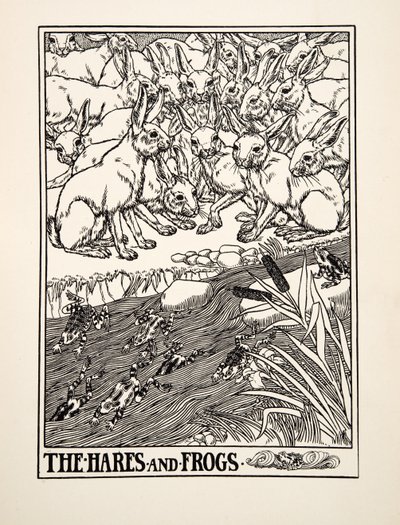 Jänikset ja sammakot, julkaisusta A Hundred Fables of Aesop, pub.1903 tekijältä Percy J. Billingshurst