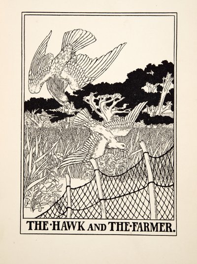 Haukka ja maanviljelijä, julkaisusta A Hundred Fables of Aesop, pub.1903 (kaiverrus) tekijältä Percy J. Billingshurst