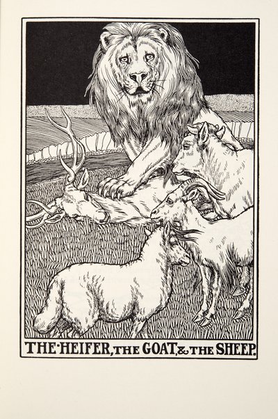 Hieho, vuohi ja lammas, teoksesta Fontaine Fables, pub. 1905 tekijältä Percy J. Billingshurst