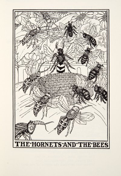 Hornetit ja mehiläiset, Fontaine Fables, pub. 1905 (kaiverrus) tekijältä Percy J. Billingshurst