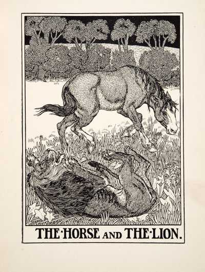 Hevonen ja leijona, julkaisusta A Hundred Fables of Aesop, pub.1903 tekijältä Percy J. Billingshurst