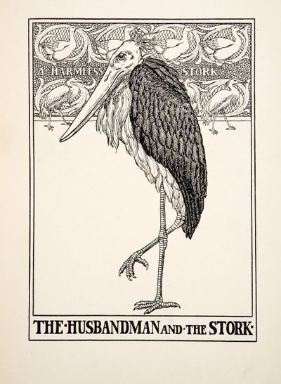 Aviomies ja haikara, julkaisusta A Hundred Fables of Aesop, pub.1903 tekijältä Percy J. Billingshurst
