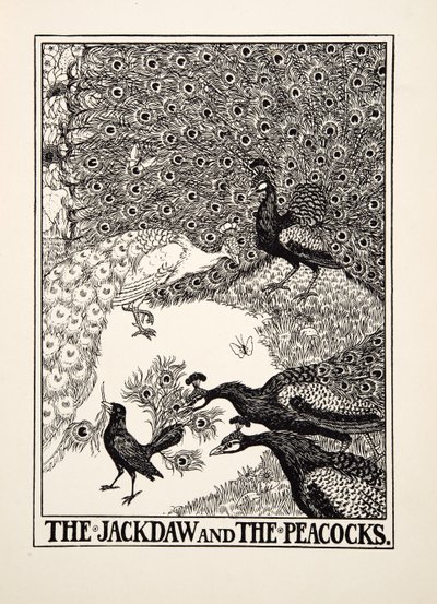 The Jackdaw and the Peacocks, teoksesta A Hundred Fables of Aesop, julkaistu 1903. tekijältä Percy J. Billingshurst