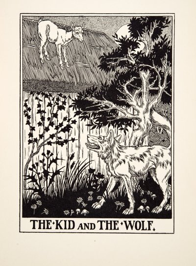 The Kid and the Wolf, julkaisusta A Hundred Fables of Aesop, pub.1903 tekijältä Percy J. Billingshurst