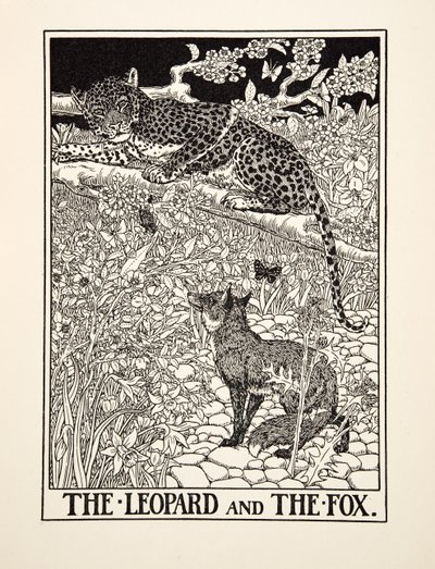 Leopardi ja kettu, julkaisusta A Hundred Fables of Aesop, pub.1903 tekijältä Percy J. Billingshurst