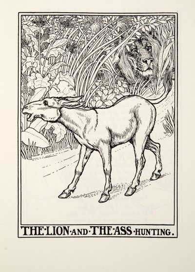 Leijonan ja aasin metsästys, Fontainen taruista, pub. 1905 tekijältä Percy J. Billingshurst
