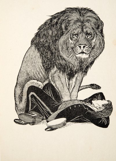Leijona ja hänen vartijansa, A Hundred Anekdootes of Animals, pubista. 1924 tekijältä Percy J. Billingshurst