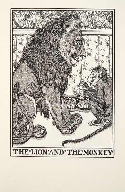 Leijona ja apina, Fontainen taruista, pub. 1905 tekijältä Percy J. Billingshurst