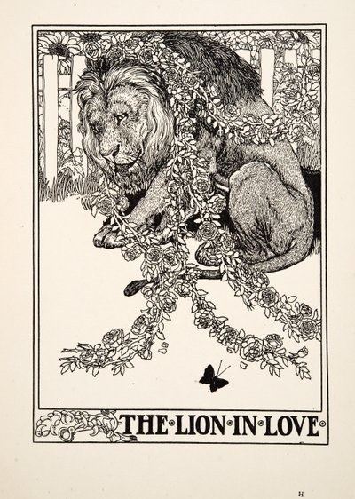 Rakastunut leijona, sarjasta A Hundred Fables of Aesop, pub.1903 tekijältä Percy J. Billingshurst