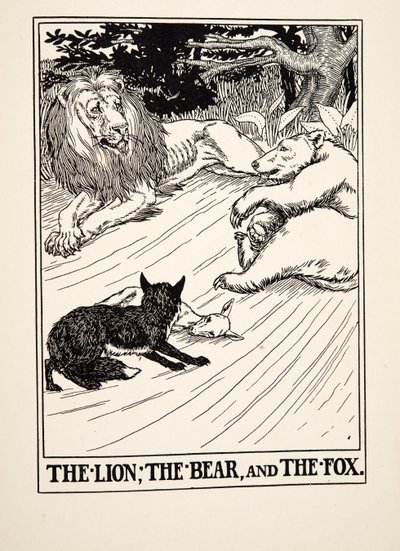 Leijona, karhu ja kettu, sarjasta A Hundred Fables of Aesop, pub.1903 tekijältä Percy J. Billingshurst