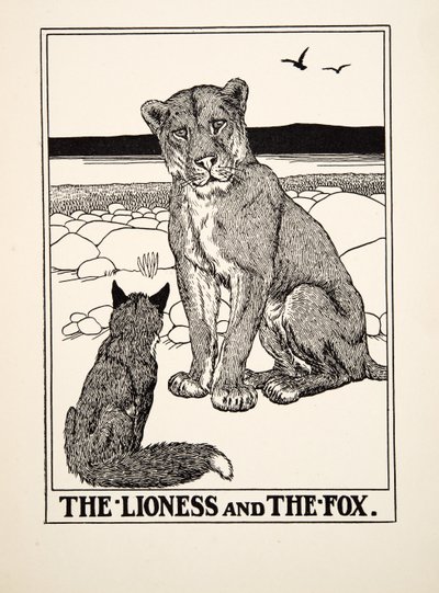 Leijona ja kettu, julkaisusta A Hundred Fables of Aesop, pub.1903 tekijältä Percy J. Billingshurst
