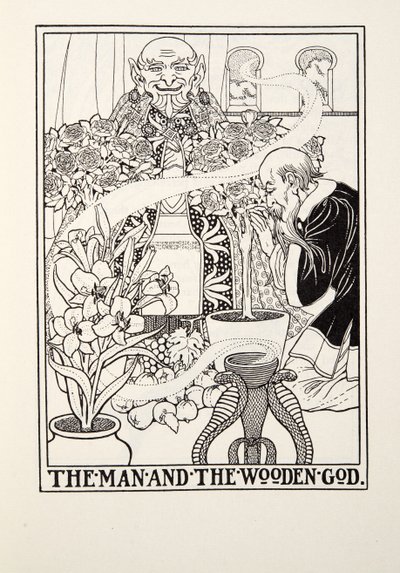 Mies ja puujumala, teoksesta Fontaine Fables, pub. 1905 tekijältä Percy J. Billingshurst