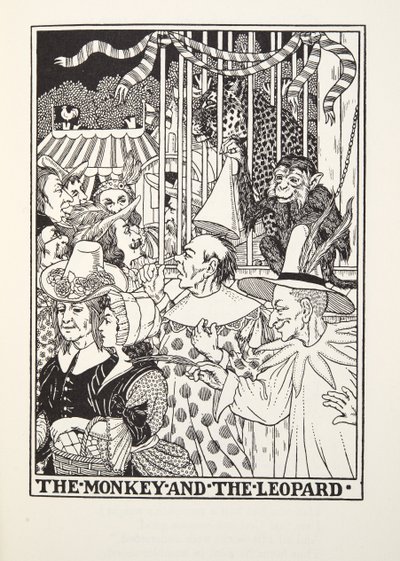 Apina ja leopardi, Fontainen taruista, pub. 1905 tekijältä Percy J. Billingshurst
