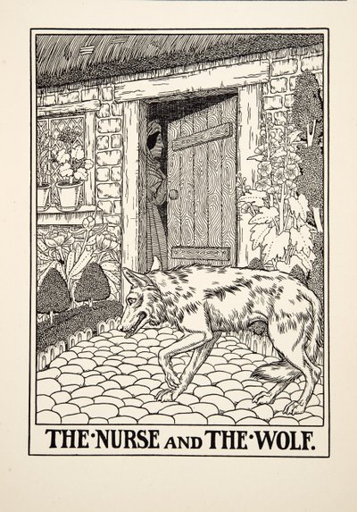 Sairaanhoitaja ja susi, julkaisusta A Hundred Fables of Aesop, pub.1903 tekijältä Percy J. Billingshurst