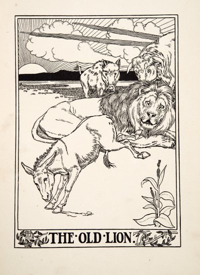 Vanha leijona, sarjasta A Hundred Fables of Aesop, pub.1903 tekijältä Percy J. Billingshurst