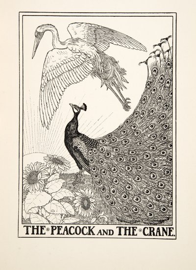Peacock and the Crane, julkaisusta A Hundred Fables of Aesop, pub.1903 tekijältä Percy J. Billingshurst