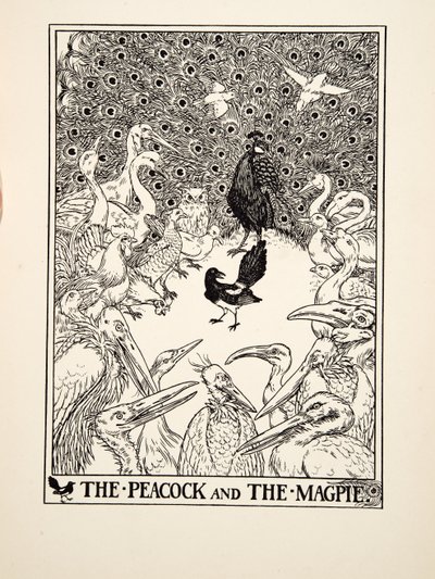 Peacock and the Harakka, julkaisusta A Hundred Fables of Aesop, pub.1903 (kaiverrus) tekijältä Percy J. Billingshurst