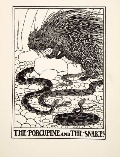 Porcupine and the Snakes, julkaisusta A Hundred Fables of Aesop, pub.1903 (kaiverrus) tekijältä Percy J. Billingshurst