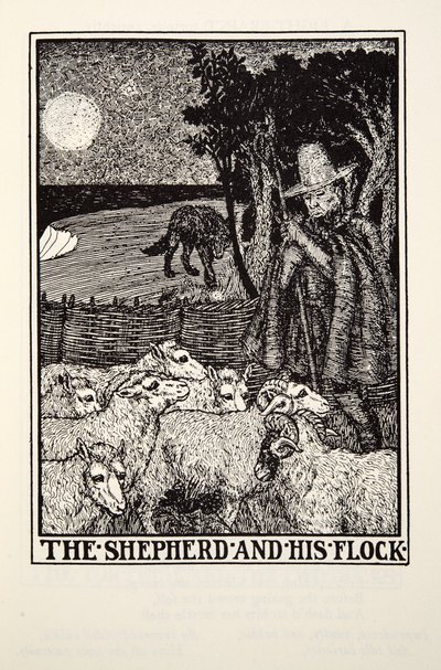 Paimen ja hänen laumansa, teoksesta Fontaine Fables, pub. 1905 tekijältä Percy J. Billingshurst