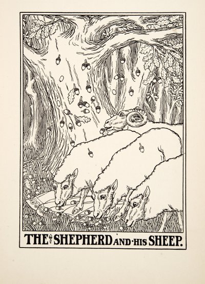Paimen ja hänen lampaansa, julkaisusta A Hundred Fables of Aesop, pub.1903 (kaiverrus) tekijältä Percy J. Billingshurst