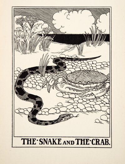 Käärme ja rapu, julkaisusta A Hundred Fables of Aesop, pub.1903 tekijältä Percy J. Billingshurst