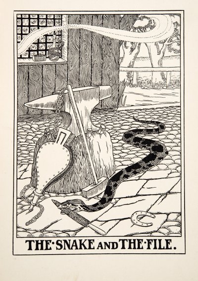 Snake and the File, julkaisusta A Hundred Fables of Aesop, pub.1903 (kaiverrus) tekijältä Percy J. Billingshurst