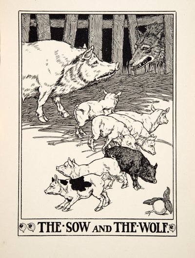 Emakko ja susi, teoksesta A Hundred Fables of Aesop, pub.1903 (kaiverrus) tekijältä Percy J. Billingshurst
