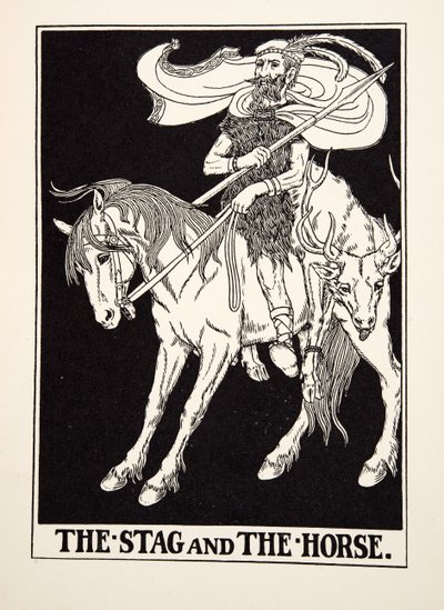 The Stag and the Horse, julkaisusta A Hundred Fables of Aesop, pub.1903 (kaiverrus) tekijältä Percy J. Billingshurst