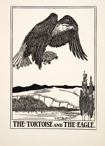 Kilpikonna ja kotka, teoksesta A Hundred Fables of Aesop, pub.1903 (kaiverrus) tekijältä Percy J. Billingshurst