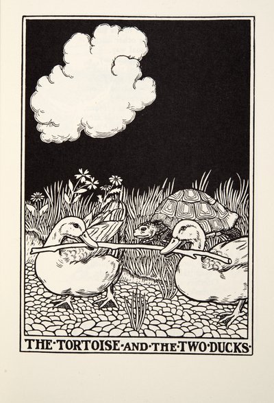 Kilpikonna ja kaksi ankkaa, teoksesta Fontaine Fables, pub. 1905 tekijältä Percy J. Billingshurst