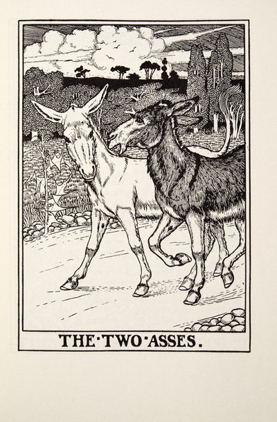 Kaksi aasia, teoksesta Fontainen taruja, pub. 1905 tekijältä Percy J. Billingshurst