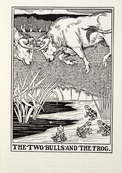 Kaksi härkää ja sammakko, teoksesta Fontainen taruja, pub. 1905 tekijältä Percy J. Billingshurst