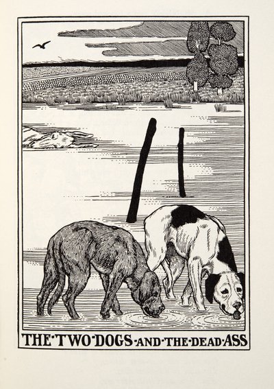 Kaksi koiraa ja kuollut aasi, teoksesta Fontaine Fables, pub. 1905 tekijältä Percy J. Billingshurst