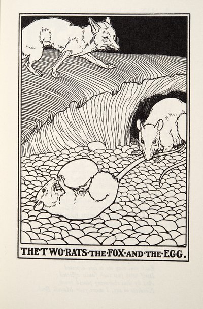 Kaksi rottaa, kettu ja muna, teoksesta Fontaine Fables, pub. 1905 tekijältä Percy J. Billingshurst