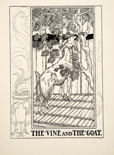 Viiniköynnös ja vuohi, julkaisusta A Hundred Fables of Aesop, pub.1903 tekijältä Percy J. Billingshurst