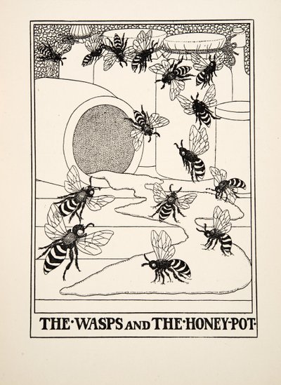 Ampiaiset ja hunajapotti, julkaisusta A Hundred Fables of Aesop, pub.1903 tekijältä Percy J. Billingshurst