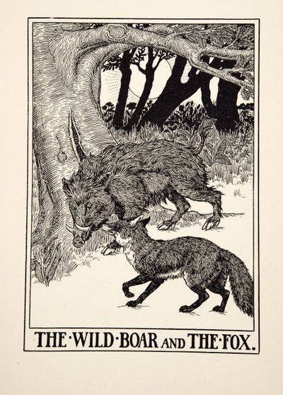 Villisika ja kettu, julkaisusta A Hundred Fables of Aesop, pub.1903 (kaiverrus) tekijältä Percy J. Billingshurst