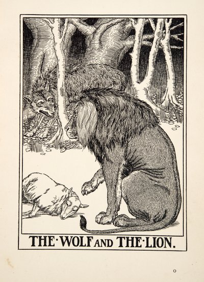 Susi ja leijona, julkaisusta A Hundred Fables of Aesop, pub.1903 (kaiverrus) tekijältä Percy J. Billingshurst