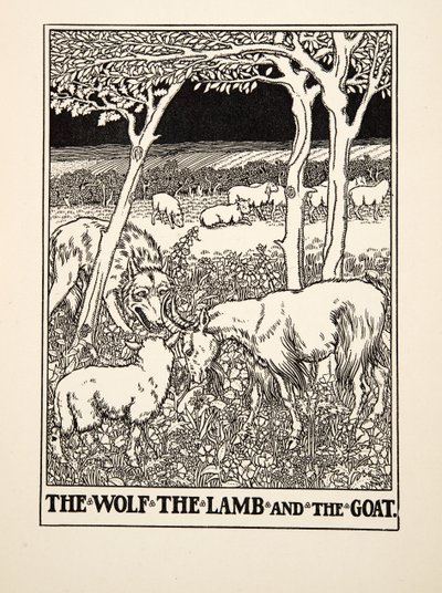 Susi, lammas ja vuohi, julkaisusta A Hundred Fables of Aesop, pub.1903 (kaiverrus) tekijältä Percy J. Billingshurst