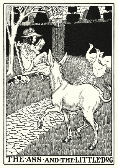 La Fontainen tarinoita: Aasi ja pieni koira (litho) tekijältä Percy James Billinghurst