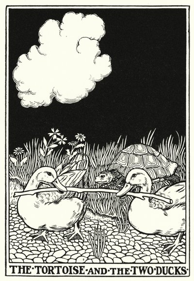 La Fontainen tarinoita: Kilpikonna ja kaksi ankkaa (litho) tekijältä Percy James Billinghurst