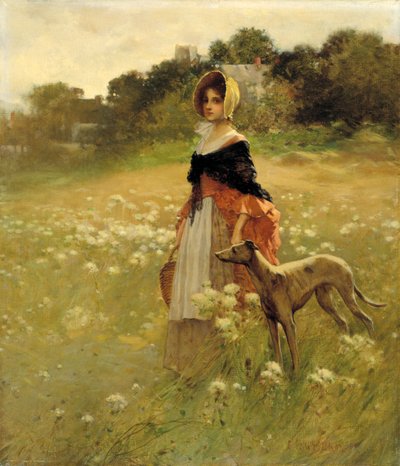 Nuori tyttö ja koira, 1890. tekijältä Percy Moran