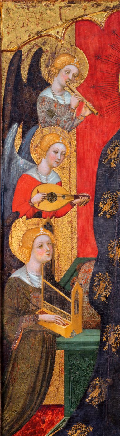 Madonna muusikkoenkelien ympäröimänä - Yksityiskohta enkeleistä - Madonna musiikkia soittavien enkelien kanssa (yksityiskohta) - Pere Serran maalaus (toimii noin 1357-1406), noin 1380 - Tempera taulussa - Museu Nacional d